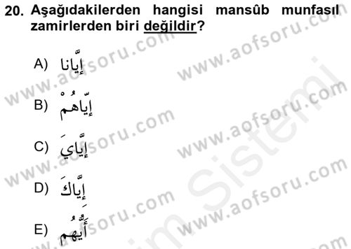 Arapça 1 Dersi 2018 - 2019 Yılı (Final) Dönem Sonu Sınav Soruları 20. Soru