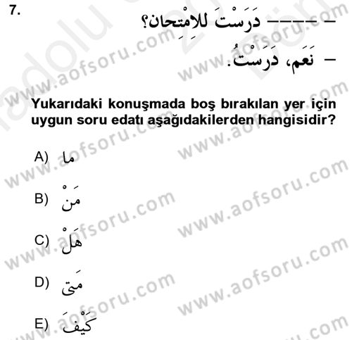 Arapça 1 Dersi 2018 - 2019 Yılı (Final) Dönem Sonu Sınav Soruları 7. Soru