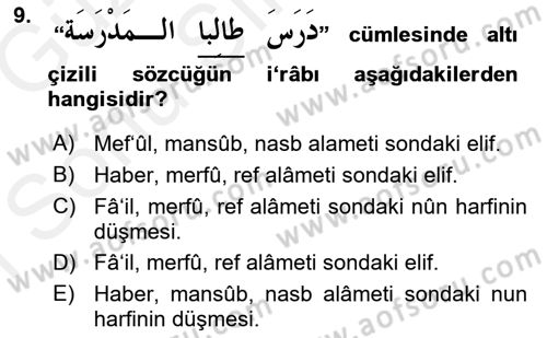 Arapça 1 Dersi 2018 - 2019 Yılı (Final) Dönem Sonu Sınav Soruları 9. Soru