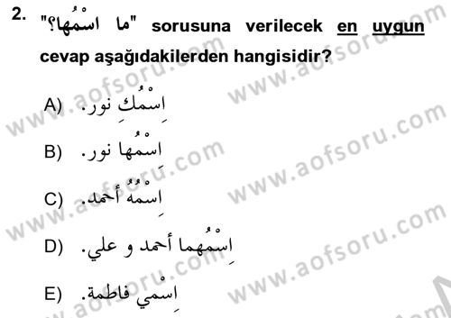 Arapça 1 Dersi 2018 - 2019 Yılı Yaz Okulu Sınav Soruları 2. Soru