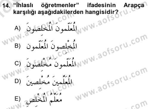 Arapça 1 Dersi 2019 - 2020 Yılı (Final) Dönem Sonu Sınav Soruları 14. Soru
