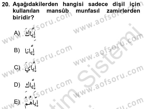 Arapça 1 Dersi 2019 - 2020 Yılı (Final) Dönem Sonu Sınav Soruları 20. Soru