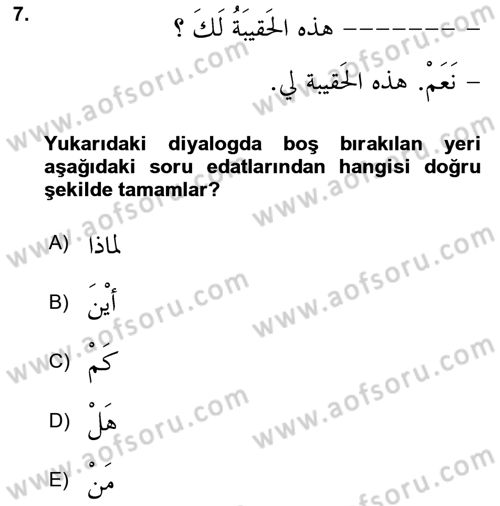 Arapça 1 Dersi 2019 - 2020 Yılı (Final) Dönem Sonu Sınav Soruları 7. Soru