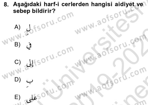 Arapça 1 Dersi 2019 - 2020 Yılı (Final) Dönem Sonu Sınav Soruları 8. Soru