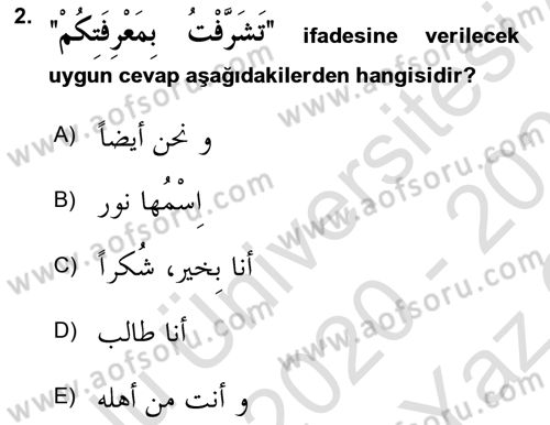 Arapça 1 Dersi 2020 - 2021 Yılı Yaz Okulu Sınav Soruları 2. Soru