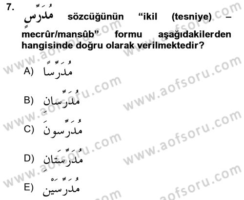 Arapça 1 Dersi 2020 - 2021 Yılı Yaz Okulu Sınav Soruları 7. Soru