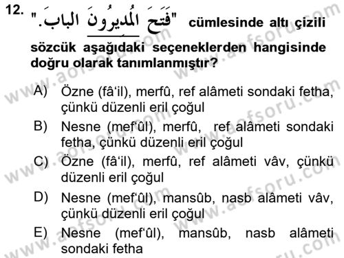 Arapça 1 Dersi Ara Sınavı Deneme Sınav Soruları 12. Soru