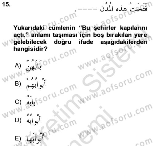 Arapça 1 Dersi Ara Sınavı Deneme Sınav Soruları 15. Soru