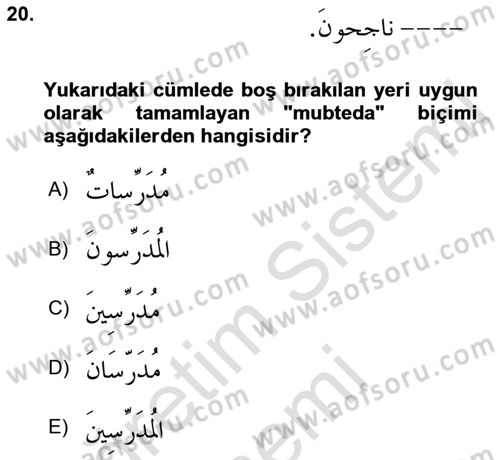 Arapça 1 Dersi Ara Sınavı Deneme Sınav Soruları 20. Soru