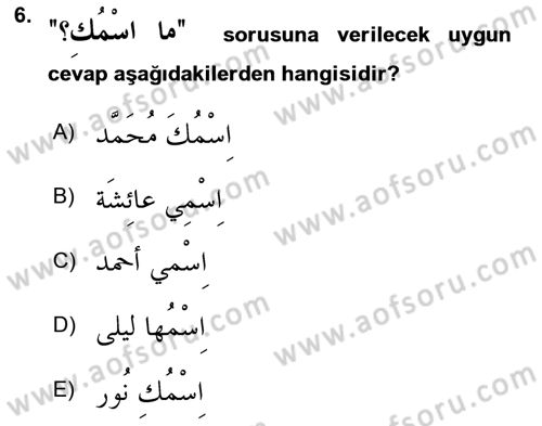 Arapça 1 Dersi Ara Sınavı Deneme Sınav Soruları 6. Soru