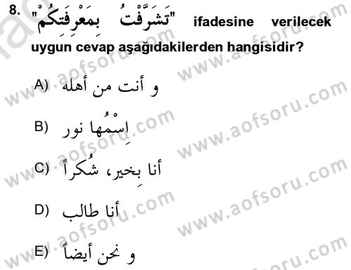 Arapça 1 Dersi Ara Sınavı Deneme Sınav Soruları 8. Soru