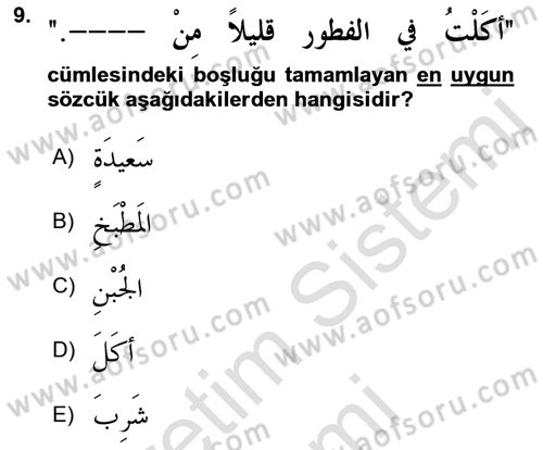 Arapça 1 Dersi Ara Sınavı Deneme Sınav Soruları 9. Soru