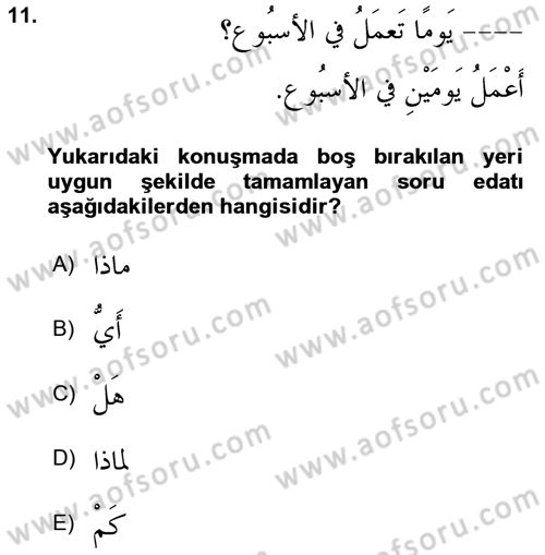Arapça 1 Dersi 2021 - 2022 Yılı (Final) Dönem Sonu Sınav Soruları 11. Soru
