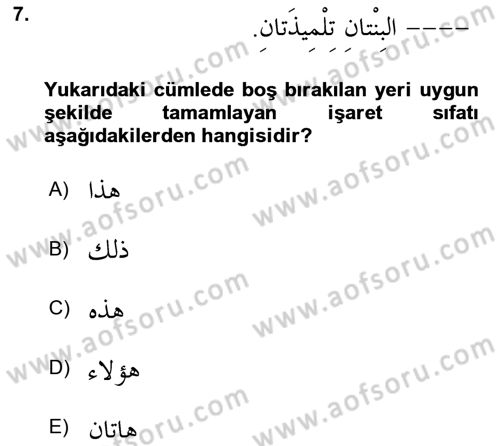 Arapça 1 Dersi 2021 - 2022 Yılı (Final) Dönem Sonu Sınav Soruları 7. Soru