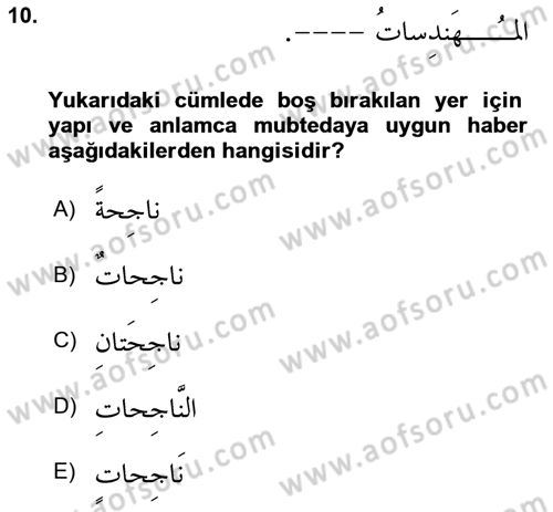 Arapça 1 Dersi 2021 - 2022 Yılı Yaz Okulu Sınav Soruları 10. Soru