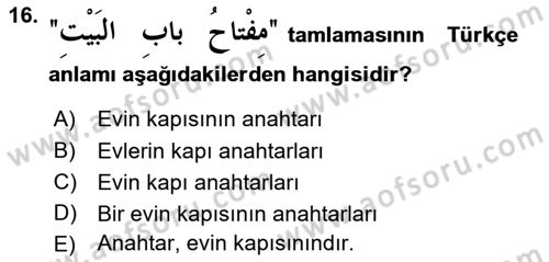 Arapça 1 Dersi 2021 - 2022 Yılı Yaz Okulu Sınav Soruları 16. Soru