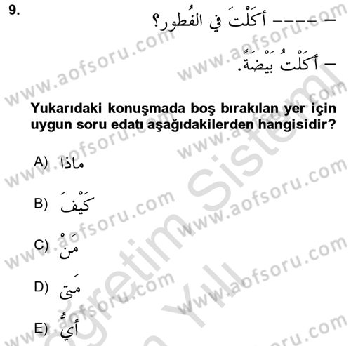 Arapça 1 Dersi 2021 - 2022 Yılı Yaz Okulu Sınav Soruları 9. Soru