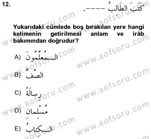 Arapça 1 Dersi Ara Sınavı Deneme Sınav Soruları 12. Soru