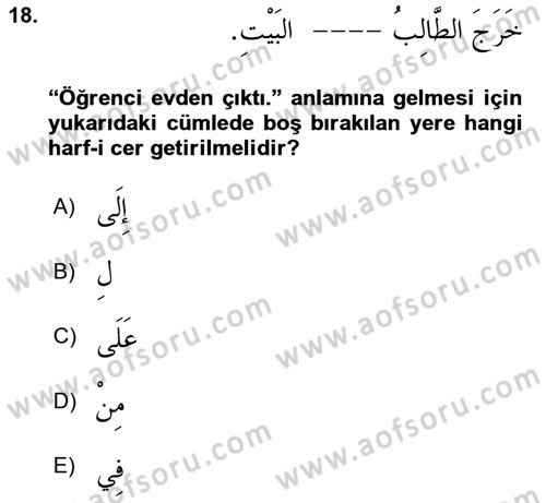 Arapça 1 Dersi Ara Sınavı Deneme Sınav Soruları 18. Soru
