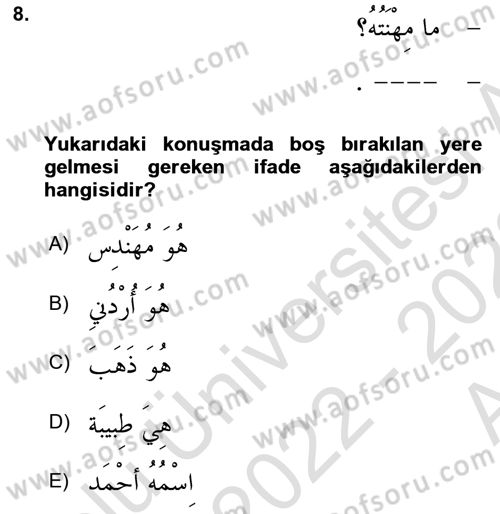 Arapça 1 Dersi Ara Sınavı Deneme Sınav Soruları 8. Soru