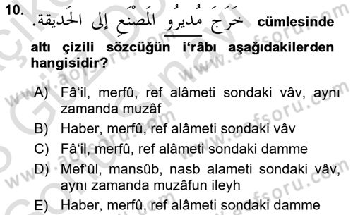 Arapça 1 Dersi 2022 - 2023 Yılı (Final) Dönem Sonu Sınav Soruları 10. Soru