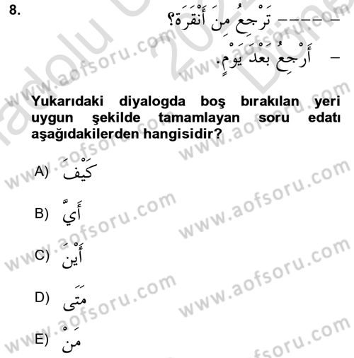 Arapça 1 Dersi 2022 - 2023 Yılı (Final) Dönem Sonu Sınav Soruları 8. Soru