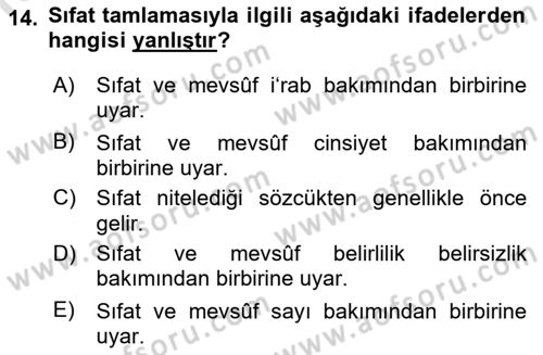Arapça 1 Dersi 2022 - 2023 Yılı Yaz Okulu Sınavı 14. Soru