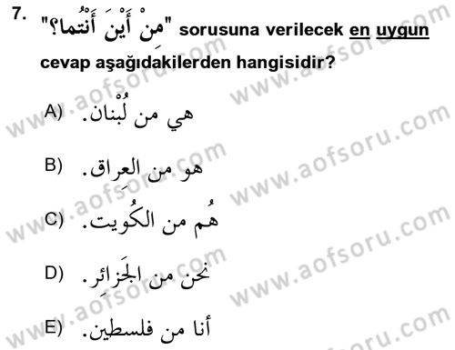 Arapça 1 Dersi 2022 - 2023 Yılı Yaz Okulu Sınav Soruları 7. Soru