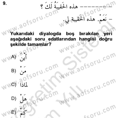 Arapça 1 Dersi 2022 - 2023 Yılı Yaz Okulu Sınav Soruları 9. Soru