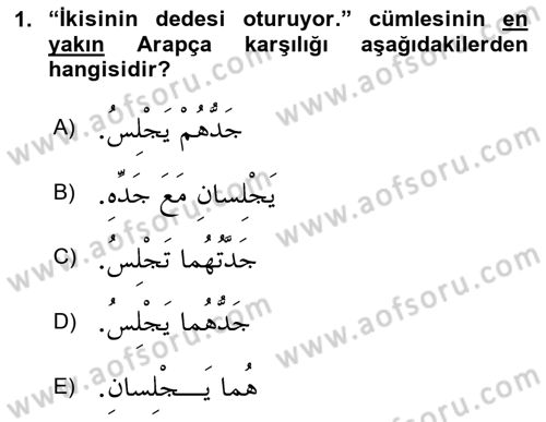 Arapça 1 Dersi 2023 - 2024 Yılı Yaz Okulu Sınav Soruları 1. Soru
