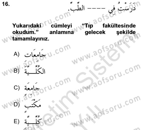 Arapça 1 Dersi 2023 - 2024 Yılı Yaz Okulu Sınav Soruları 16. Soru