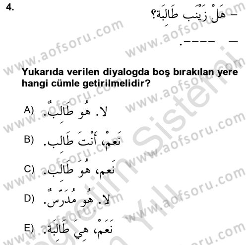 Arapça 1 Dersi 2023 - 2024 Yılı Yaz Okulu Sınav Soruları 4. Soru