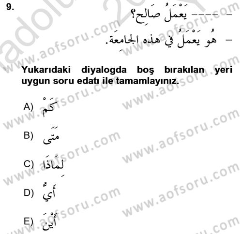 Arapça 1 Dersi 2023 - 2024 Yılı Yaz Okulu Sınav Soruları 9. Soru