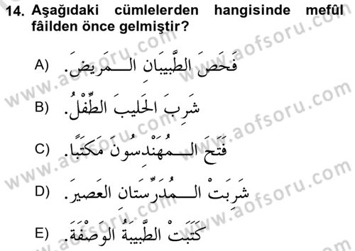 Arapça 1 Dersi Ara Sınavı Deneme Sınav Soruları 14. Soru