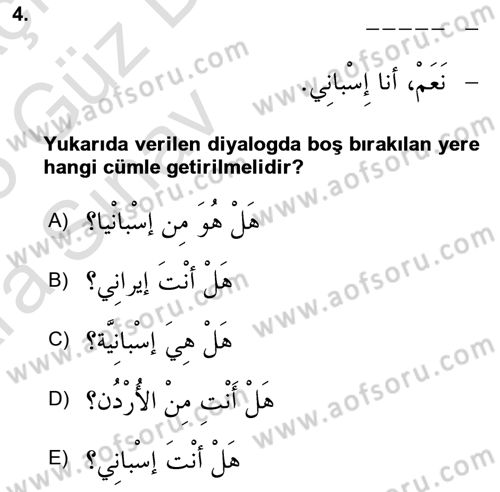 Arapça 1 Dersi Ara Sınavı Deneme Sınav Soruları 4. Soru