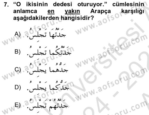 Arapça 1 Dersi Ara Sınavı Deneme Sınav Soruları 7. Soru