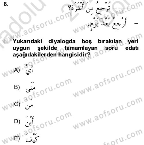 Arapça 1 Dersi 2024 - 2025 Yılı (Final) Dönem Sonu Sınav Soruları 8. Soru