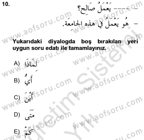 Arapça 1 Dersi 2024 - 2025 Yılı Yaz Okulu Sınav Soruları 10. Soru