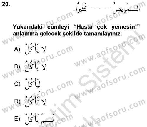 Arapça 1 Dersi 2024 - 2025 Yılı Yaz Okulu Sınav Soruları 20. Soru