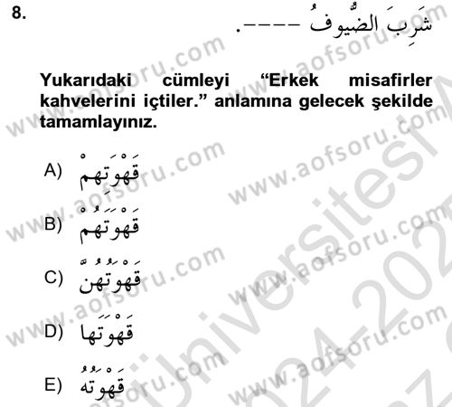 Arapça 1 Dersi 2024 - 2025 Yılı Yaz Okulu Sınav Soruları 8. Soru