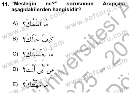 Arapça 1 Dersi 2025 - 2026 Yılı (Vize) Ara Sınav Soruları 11. Soru