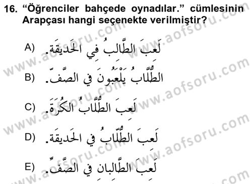 Arapça 1 Dersi 2025 - 2026 Yılı (Vize) Ara Sınav Soruları 16. Soru