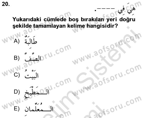 Arapça 1 Dersi 2025 - 2026 Yılı (Final) Dönem Sonu Sınav Soruları 20. Soru