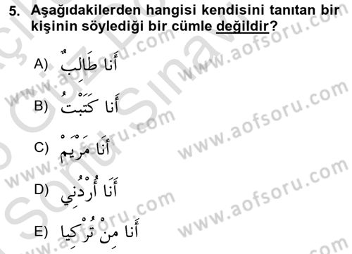 Arapça 1 Dersi 2025 - 2026 Yılı (Final) Dönem Sonu Sınav Soruları 5. Soru