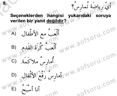 Arapça 1 Dersi 2025 - 2026 Yılı Yaz Okulu Sınav Soruları 8. Soru