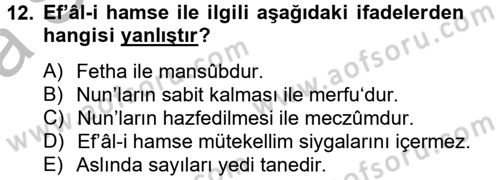 Arapça 2 Dersi 2012 - 2013 Yılı (Vize) Ara Sınav Soruları 12. Soru