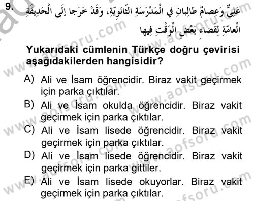 Arapça 2 Dersi 2012 - 2013 Yılı (Vize) Ara Sınav Soruları 9. Soru