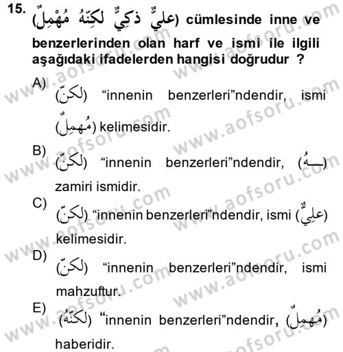 Arapça 2 Dersi 2013 - 2014 Yılı Tek Ders Sınav Soruları 15. Soru