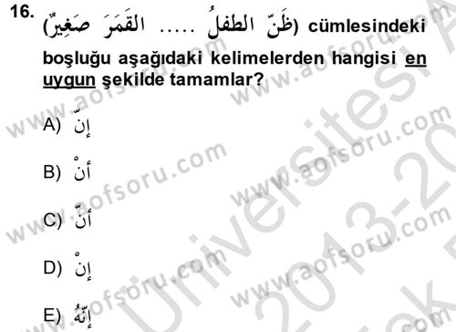 Arapça 2 Dersi 2013 - 2014 Yılı Tek Ders Sınav Soruları 16. Soru