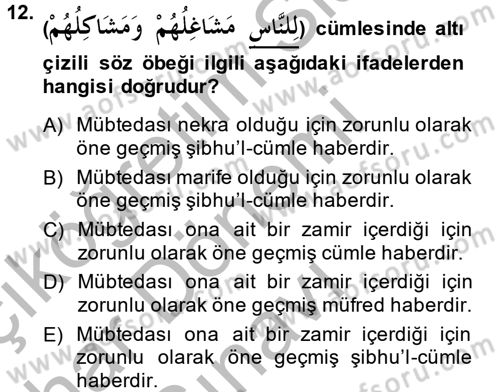 Arapça 2 Dersi 2014 - 2015 Yılı (Final) Dönem Sonu Sınav Soruları 12. Soru